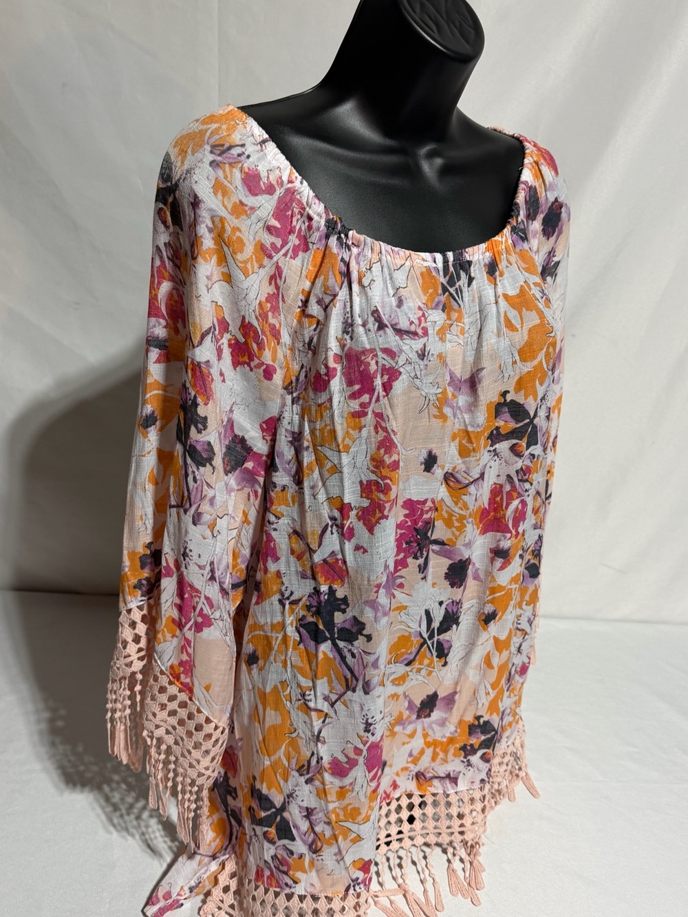 Cato Boho Floral Peasant Blouse Crochet Lace Hem Tassels Long Sleeve Tunic XL - Picture 4 of 16